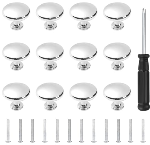 12 Stück Runde Schrankknöpfe Silber, Möbelknöpfe Silber, Kabinett Knöpfe mit Schrauben Silber Rundes Kommodenknöpfe Schubladenknöpfe Set für Schublade, Möbel, Küchenschränke, Kleiderschrank, 27*23mm
