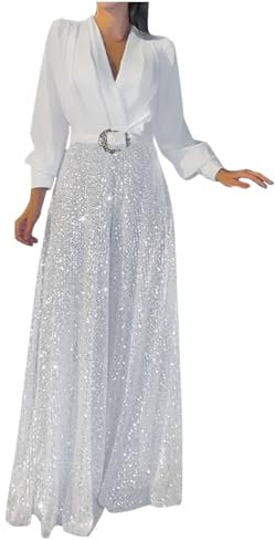 Sequin Jumpsuit for Women UK Sale Clearance Casual Long Sleeve Belted Playsuits V Neck Overalls Loose Fit Wide Leg Dressy Pants One Piece Outfits Romper for Party Black and White