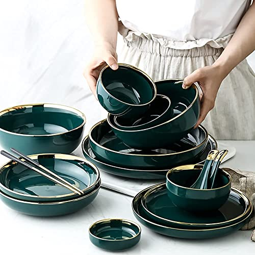 Juegos combinados de porcelanaJuego de vajilla de cocina, juego de vajilla de cerámica, juegos de cena con borde dorado y verde oscuro de 34 piezas