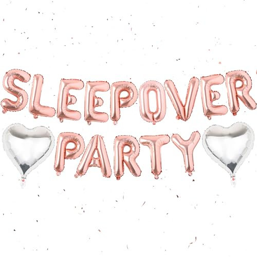 Sleepover Partyzubehör für Mädchen – 16 Stück Silber Herz Folienballon Rose Gold Sleepover Party Kit Brief Ballons Banner Set für Schlummermädchen Nacht Spa Thema Party Dekorationen