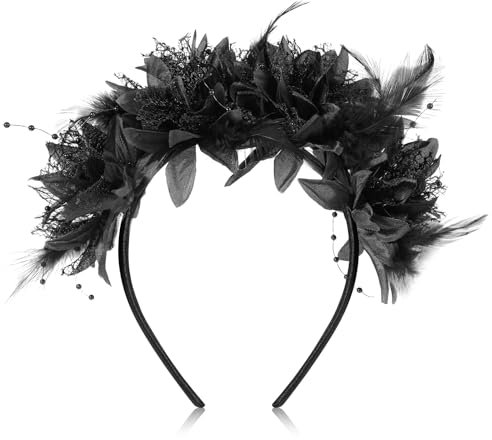 MWOOT Halloween Blume Stirnband mit Feder, Schwarz Tag Der Toten Mexikanische Blumen Kronen für Damen, Gothic Künstliche Blume Haarreif, Kopfschmuck für Halloween Karneval Cosplay Party Accessoires