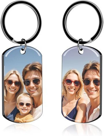 BEXOA Schlüsselanhänger Personalisiert mit Foto - Gravur Personalisierte Edelstahl Schlüsselanhänger Geschenke für Herren (Rechteckiges Schwarz 2 Fotos – Farbdruck)