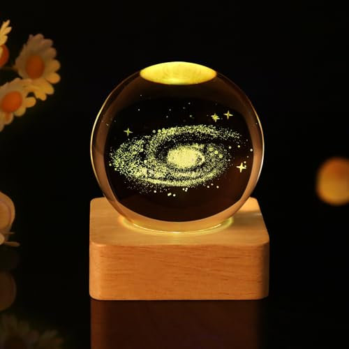 jwogngls 3D Kristallkugel Nachtlicht, 6cm USB 3D Galaxie Kristallkugel, Kristallkugel Planeten Lampe mit Holzsockel, Kreative Nachtszene Astronomie LED Ball Lampe für Geburtstagsgeschenke