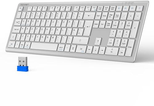 TECKNET Wireless Keyboard, Rechargeable 2.4GHz USB Bluetooth Keyboard for 4 Multi Devices, Ultra Slim Full Size UK Layout Keyboards for Laptop, Computer, Tablet, Desktop, Phone (White Silver)
