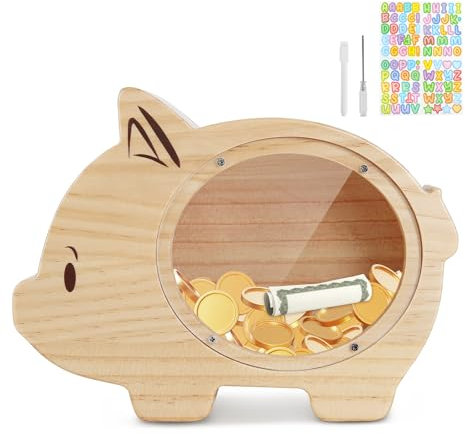 wooshwa Spardose Kinder, Sparschwein Spardosen Sparbüchse für Kinder Sparziel mit Marker & Aufkleber Personalisiert Holz Wiederverwendbare für Mädchen Jungen Kinder - Schwein