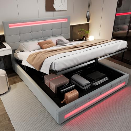 Jtyca Upholstered Double Bed Frame with Storage, Ottoman Bed with Hydraulic and LED-Light, 4FT6 Velvet Double Bed Frame for Adults and Teenagers, 135x190cm, Grey, (No Mattress)