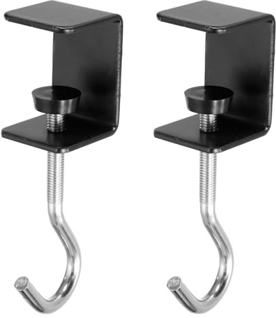 PATIKIL Desk Hook, 2Pcs Desk Mount Bag Holder Hook Square J Hooks for Hanging Bag Backpack Under Desk Clamp Purse Adjustable Headphone Table Closet Door Under Counter, Black