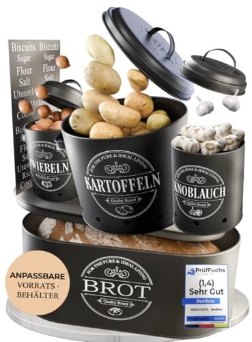 IDEALTASTIC® Premium Brotkasten 4er Set, Kartoffel Aufbewahrungsbox, Zwiebel Aufbewahrung & Knoblauch Aufbewahrung, Brotbox schwarz I Mit 360° Belüftungssystem für mehr Frische