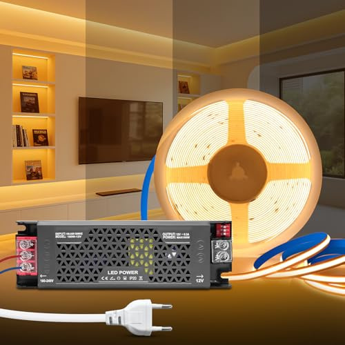 KSIBNW COB LED Streifen Warmweiß 3000K, 5M Dimmbares 12V Selbstklebend LED Strip Licht mit 12V Dimmbar Netzteil 100W Trafo und 1M Stecker, 8mm Breite Flexibles Band set für Fernseher, DIY Dekoration