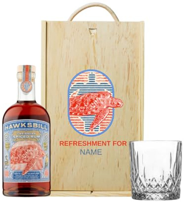 Personalised Hawksbill Caribbean Spiced Rum with Glass in Wooden Box | Flavoured Rum Gift Set for Men, Birthday Present, Alcohol Gift for Him, Spiced Rum Lover Keepsake