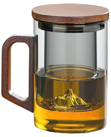 MESNEY Glass Tea Cup with Infuser and Lid 950ml, Heat-Resistant Borosilicate Glass Tea Infuser Mug for Loose Leaf, Blooming Tea & Bags, Teacup with Bamboo Handle, Ink