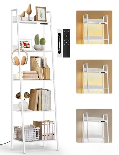 OUTONLIFE Piccola Libreria a Scala a 5 Ripiani con Luce LED, Touch e Telecomando, 3 Temperature di Colore, Scaffale Angolare Alta Dimmerabile in Metallo e Legno per Soggiorno e Camera da Letto
