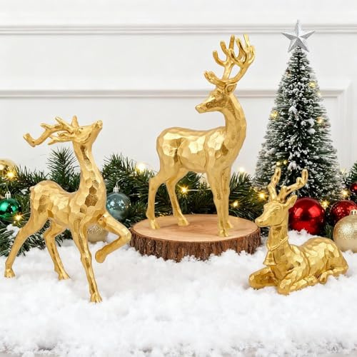 GW Box 3 PCS Gold Reindeer Decor Resin Reindeer Sculpture Figurines | Reindeer Statues for Home Decor for Festive Christmas Tabletop Decorations