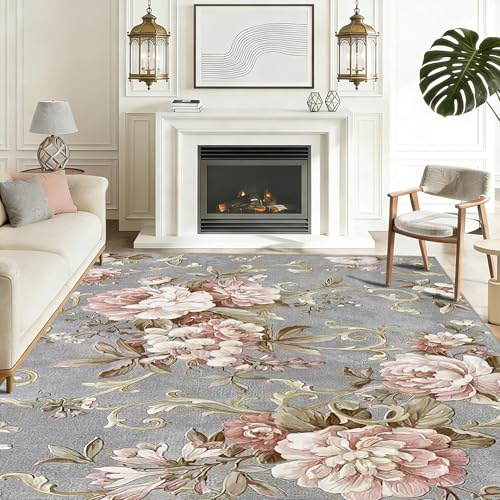 WQMMD Kurzflor Teppich 140x210cm, Vintage Blumenmuster Grau-Rosa | Waschbar, Rutschfest, Pflegeleicht, Weich und dekorativ, Für Wohnzimmer, Schlafzimmer und Leseecke