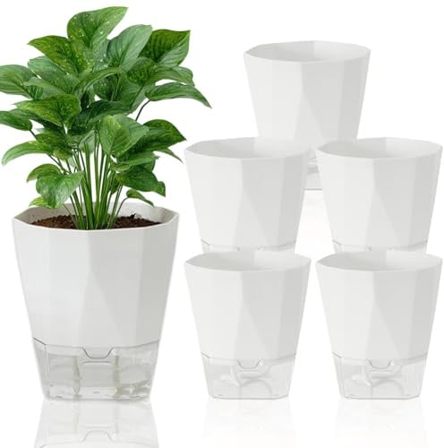 FARYODI Set med 6 självbevattningskrukor, 12,5 cm blomkrukor med bevattningssystem i elfenbens-utseende, självbevattningskruka med transparent vattenbehållare, för balkong och inomhus (vit)