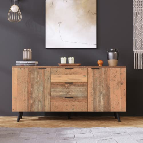 dowowdo Sideboard Wohnzimmer Vintage-Kommode - Für Esszimmer Mit 3 Schubladen & Verstellbaren Regalen, 120cm Breit Antik Braun, Aufbewahrung Und Organisation