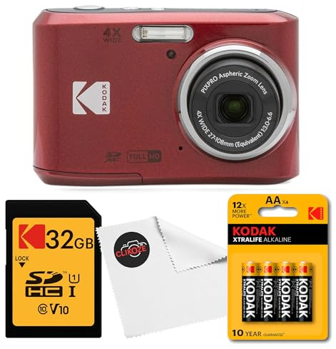 Kodak PIXPRO FZ45 Digital Camera (Red) Bundle with 32GB Class 10 SDHC Memory Card, Kodak AA Xtralife Batteries (4-Pack) and Clikoze Lens Cloth