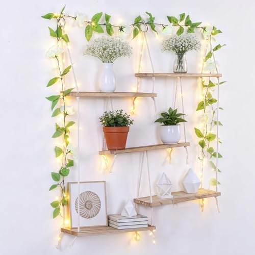 Gugxiom Scaffale da parete in legno a 5 ripiani in macramè, scaffale decorativo boho da appendere alla parete, scaffale da parete in legno per piante, con luce, scaffale sospeso per piante e decorazio