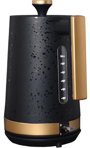 wilko Kaiseki 1.7L Jug Kettle with Rapid Boil, Black and Gold, 360 Degree Cordless Design, Dry Boil Cut Off Function, With Cup Markers, 240V