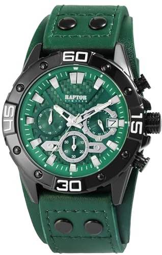 Raptor Damen Armbanduhr Analog in Grün, Gesamtlänge 23.5 cm, Lederarmband – 3 ATM