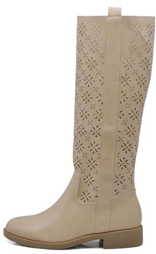 IF Fashion Stivali Alti da Donna Traforati al Ginocchio,Stile Biker Motociclista Primaverili Estivi JH22-20 beige N.36