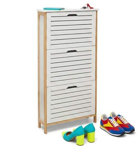 Relaxdays Schuhschrank, HxBxT. 108,5x53x19 cm, Schuhaufbewahrung, schmaler Schuhkipper, Flur Schuhkommode, weiß/Natur