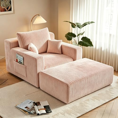 HAUSPROFI 2-in-1-Schlafsofa aus Cord mit Hocker für Gäste – Bodensofa mit 3 Kissen, Einzelsofa und Schlafsessel mit Seitentasche für Wohn- und Schlafzimmer