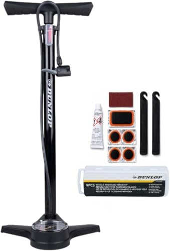 Dunlop Fahrradpumpe mit Manometer und Fahrrad Reparaturset 14 teilig - Fahrrad Werkzeug Set mit Mini Pumpe und Flickzeug - Für Presta Dunlop Schrader Ventil - Schwarz