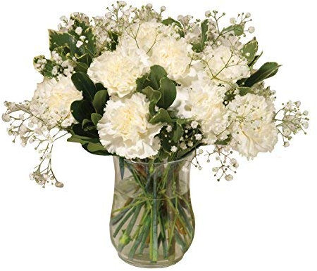 Sendabunch Luxury White Carnation Bouquet – 18 Fresh Stems with Seasonal Greenery – Includes Free Belgian Chocolates & Gift Card – UK Flower Delivery for Birthdays, Special Occasions, Get Well Soon.