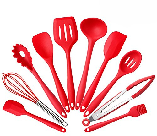 10 Stück Küchenhelfer Silikon Set Enthält 2xSchaber Kochlöffel Suppenkelle Pfannenwender Spaghettikelle Servierlöffel Schneebesen Grillzange Silikon Pinsel (10 Stück Rot)