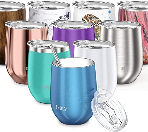 THILY Wine Tumbler Vacuum Insulated Stemless 350 ml Triple-Insulated Stainless Steel Cute Travel Wine Glass with Lid and Straw, Keep Cold or Hot for Wine, Coffee, Cocktails and Drinks, Sparkle Blue