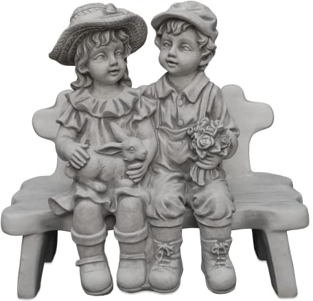gartendekoparadies.de Ragazzo e ragazza su una panca, statuetta in pietra H. 40 cm, 21 kg, grigio, resistente al gelo in pietra per esterni