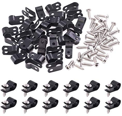 Swpeet 120 Pack Black 5/16 Inch Nylon Plastic R-Type Cable Clips Clamp Kit, Nylon Screw Mounting Cord Fastener Clips with 60 Pack Screws for Wire Management (5/16 Inch, Black)