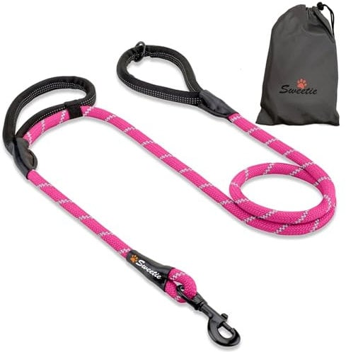 Rope Dog Lead, Pink Strong Leash, 2 Padded Handles 5 FT - Medium, Large Dogs - Reflective, Weather Resistant.