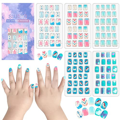 SIUSIO 120 Pcs 5 Pack Children Acrylic Fake Nails Press on Cute Pre-glue Full Cover Glitter Gradient Color Rainbow Short Kids Stick On False Nail Art Kits Set for Kids Little Girls - Azure Ocean Party