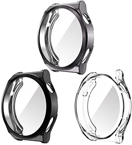 Chofit Fundas compatibles con Huawei Watch GT3 Pro 46mm 43mm, protector de pantalla chapado en TPU de película cubierta de armadura (46mm, negro+transparente+gris)