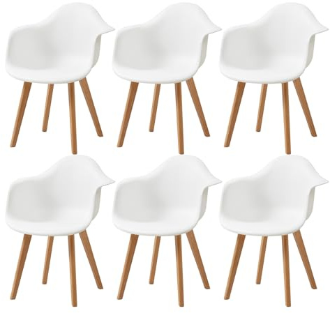 GrandCA HOME Lot de 6 Chaises de Salle à Manger Fauteuils avec Pieds en Bois, Siège en Polypropylène Premuim, Chaises de Cuisine avec Accoudoir pour Salon, Salon Bureau(6, Blanc)