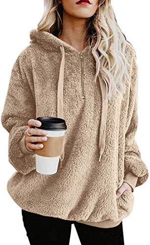 Durio Hoodie Damen Oversize Kapuzenpullover Decke Hoodie Teddy Fleece Pullover Übergroßer Sweaterpullover Winter Warm Khaki M
