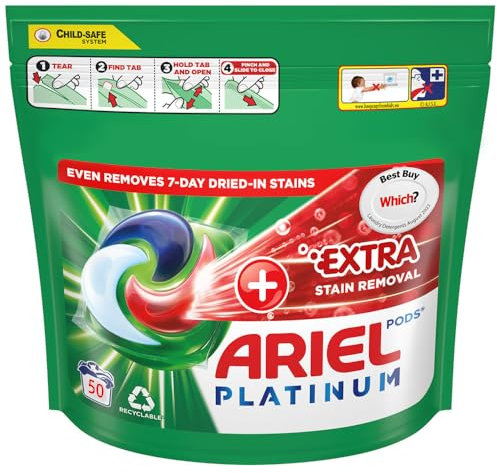 Ariel Platinum Washing Pods 50 Washes + Extra Stain Removal, Fresh Scent