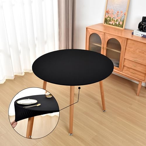 Amonsa Runde Tischdecke mit Gummizug für 121,9 cm große Tische – rutschfest, waschbar, Dehnbare Tücher für Küche, Esszimmer, Outdoor, Party, Schwarz