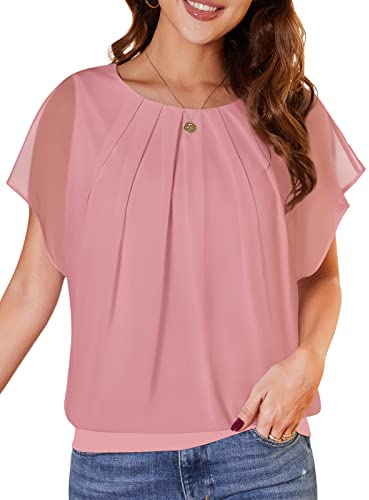 WANGZHI Blusen Tuniken für Damen Falten Kurzarm Tunika Batwing Rundkragen Bluse Top rüschenbluse festliches Oberteil Damen Elegante blusen Damen festlich