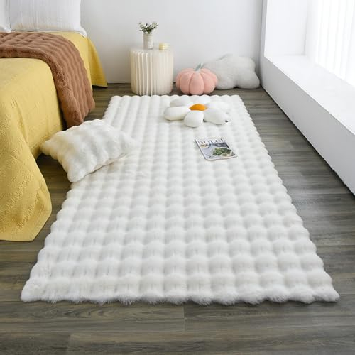 MAIFURUN Mode-Bubble-Blumen-Teppich, Bubble-Samt-Wohnzimmerteppich, Bequeme Plüschdecke, Kissen, Nachttisch-Sofakissen, Waschbare Teppiche,White- 90x180CM