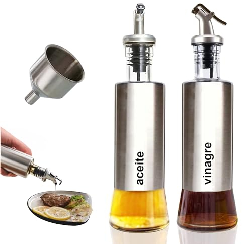 Aceitera antigoteo, Dispensador Aceite, 2x botella Cristal + Inox, Embudo de regalo, Aceitera antigoteo Cristal, Aceiteras para Cocina, Botella Aceite
