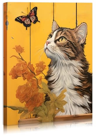 DEORAIO Schmetterlingskatze, Wandkunst, gelbe Katzenliebhaber, Geschenke für Frauen, süßes Katzen-Poster, kleine Mädchen, Schlafzimmer für Wohnzimmer, Babyzimmer, Kinderzimmer, Schlafzimmer,