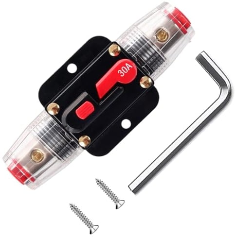 Greluma 1 Stück 30A Inline Leistungsschalter Reset Sicherung, 12V-24V DC Reset Sicherungshalter mit manuellem Reset für den Schutz von Automobil Marineboot Audiosystemen