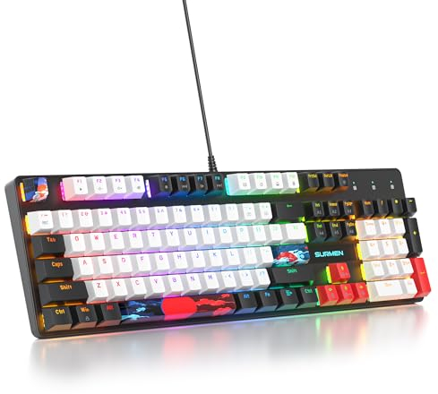 SOLIDEE Full Size Mechanical Keyboard - QWERTY Layout, Black White, Wired USB 104 Keys RGB Backlit With Number Pad, NKRO for Windows Laptop PC Gamer (104 White)