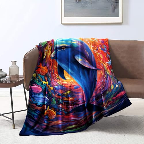 CHTLIFQ Color Dolphins 3D Druck Überwurfdecke, Flauschige Decke, Heimdekoration, superweiche Decke für alle Jahreszeiten, Überwurfdecken für Kinderbett oder Babybett, (80 x 120 cm)