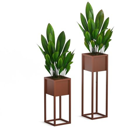delemopure Blumenständer Metall 2er Set, 2 Größen, mit Gestell, Wohnzimmer & Flur, eckiger Pflanztopfständer, Braun