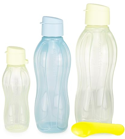 Tupperware EcoEasy Trinkflasche 310 ml hellgrün + 750 hellblau + 1 L hellgrün Trinkverschluss (inkl. 1x Kiwilöffel)