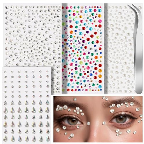Kabwea Glitzersteine Aufkleber, Strasssteine Selbstklebend,Zum Dekorieren Von Gesicht, Klebesteine Zum Basteln Make-Up Dekoration,Kristall Juwelen Schmucksteine 